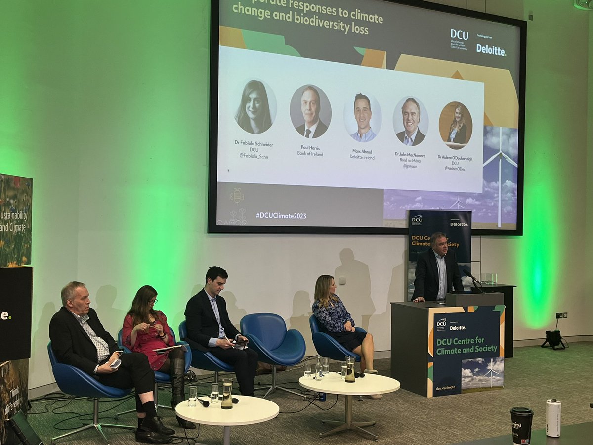 Dr John MacNamara <a href="/jpmacn/">John MacNamara</a> from @BordnaMona on his organisation’s “brown to green transition” and the three legs of the transition: circular economy, land use remediation and renewable energy #DCUClimate2023