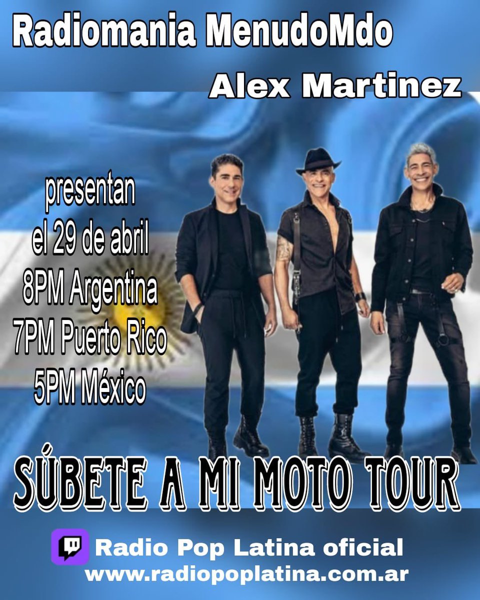 mjrtourofficial's tweet photo. ¡Nos vemos pronto Argentina! 🇦🇷

https://t.co/eRtvYbGNqu

#johnnylozada
#rickymelendez
#miguelcancel 

#subete #subeteamimoto #subeteamimototour #exmenudo #menuditis #menudomania  #Argentina 

Manager: @JosePepe_Dueno 

Relaciones Públicas:
@GEVENTOSPR 
@garcialidda https://t.co/5eFfA8dQbs