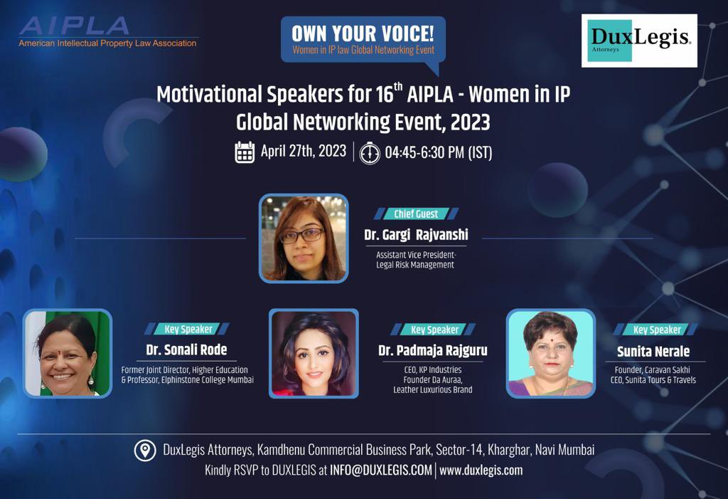 duxlegis's tweet photo. #WIPNE2023 #AIPLA
We are excited to announce our chief guest and motivational speakers for the American Intellectual Property Law Association (AIPLA) - Women in IP Law 2023 Global Networking Event (#WIPNE) at Navi Mumbai, India. https://t.co/6QkLtZjAGz