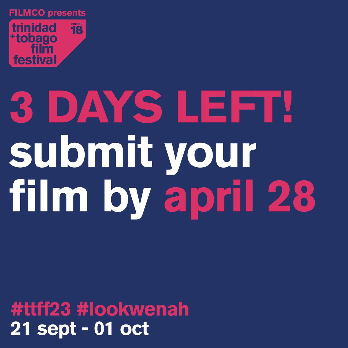 ttfilmfestival's tweet photo. 3 DAYS LEFT to submit your film to ttff/23!
 Final deadline: 28 April

🔵For submission guidelines &amp; to submit via Film Freeway, visit: https://t.co/qbQERbFwZP
    
 🔵Questions/Concerns? Visit our FAQs at https://t.co/1PeO6ADhLA or email us at hello@ttfilmfestival.com https://t.co/ynKKJROZcb