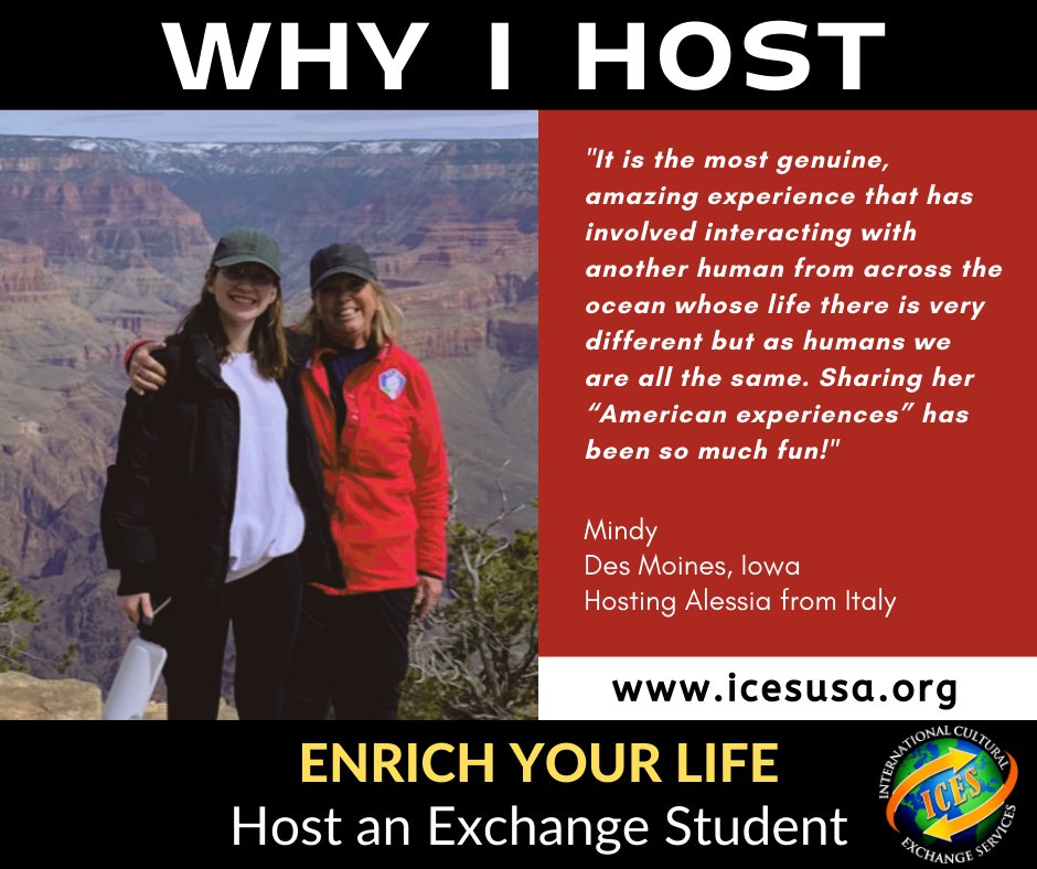 ICESUSAORG's tweet photo. "Why should I host an exchange student?" It's a question that deserves to be answered, and who better to answer it than one of our current host families in Iowa! 🌍✈️🇮🇹🇺🇸😁❤️ https://t.co/GqLvoyGGg2