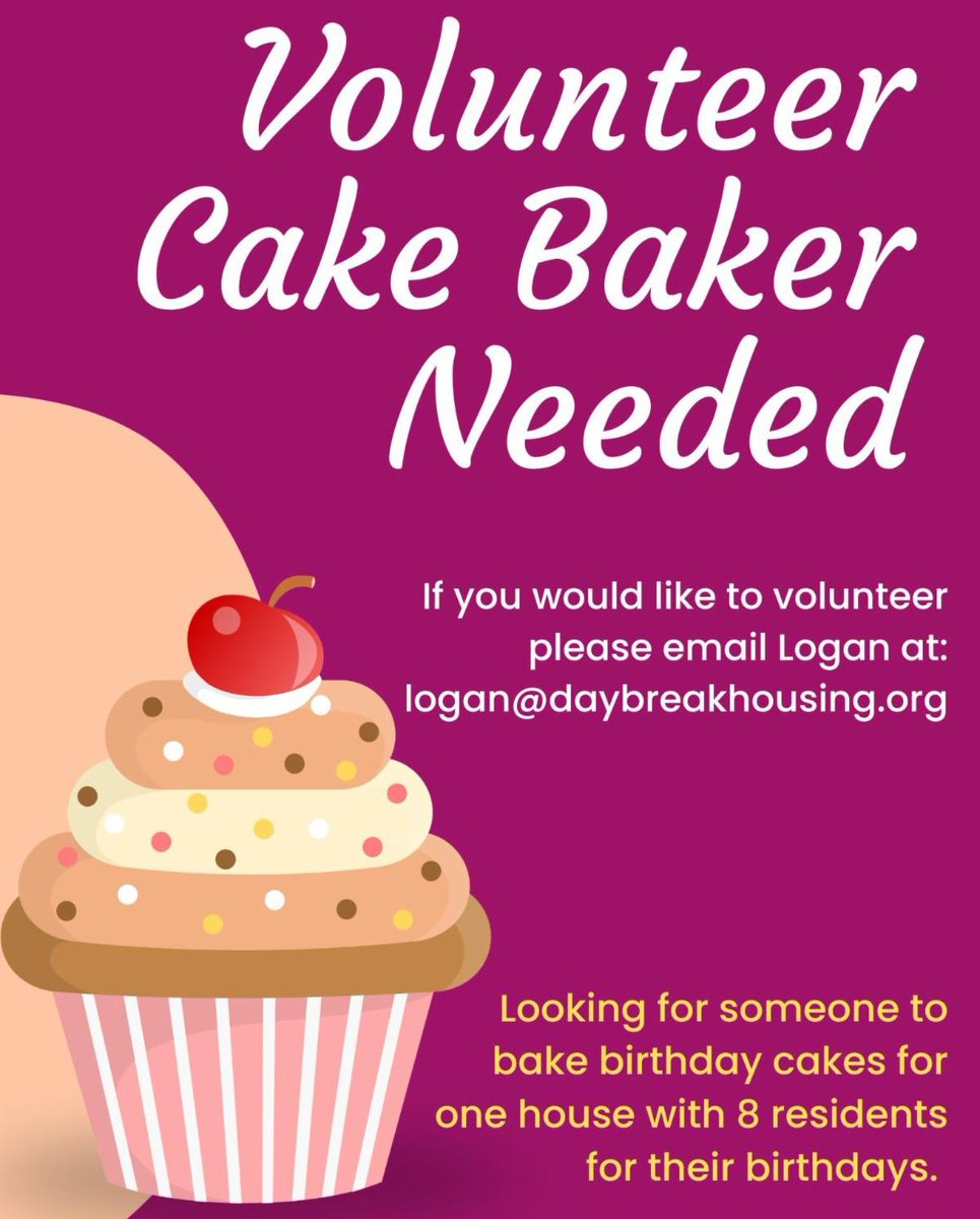 Daybreak is looking for a volunteer cake baker for one of our residences. There are 8 men in the house. If you are interested please email logan@daybreakhousing.org

#housing #affordablehousing #supportivehousing #birthdays #ottawa #baker #cakes #volunteer