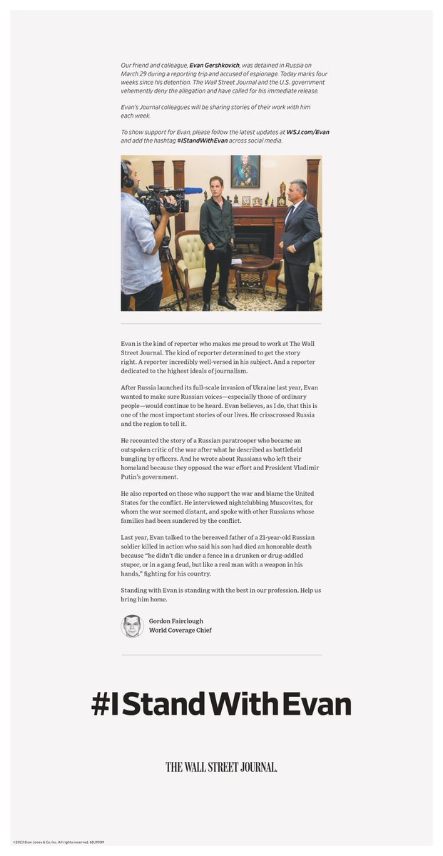 WSJ Communications (@wsjpr) on Twitter photo "Standing with Evan is standing with the best in our profession. Help us bring him home," <a href="/WSJ/">The Wall Street Journal</a>'s World Coverage Chief Gordon Fairclough shares his experience working with Evan Gershkovich in today's print edition of The Wall Street Journal. #IStandWithEvan "Standing with Evan is standing with the best in our profession. Help us bring him home," <a href="/WSJ/">The Wall Street Journal</a>'s World Coverage Chief Gordon Fairclough shares his experience working with Evan Gershkovich in today's print edition of The Wall Street Journal. #IStandWithEvan