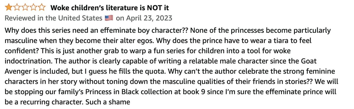 This is another 1-star review for THE PRINCESS IN BLACK AND THE PRINCE IN PINK. I want to respond to this criticism directly. Let's get into the misogyny this mother doesn't realize she's passing onto her children. 1/
