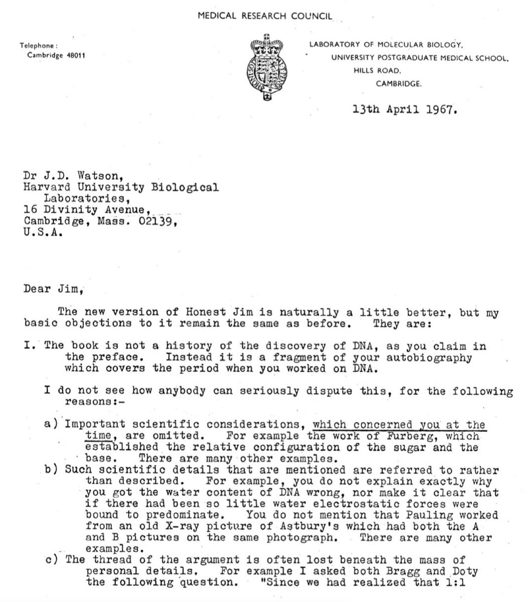 Re: the history of the DNA structure, see this blistering 1967 letter from Crick to Watson objecting to the draft of Watson’s book on their work. “...it shows such a naive and egotistical view of the subject as to be scarcely credible.” profiles.nlm.nih.gov/spotlight/sc/c…