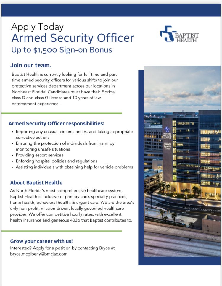 Baptist Health is hiring Armed Security Officers.  LEO and DOD/Military Police with 10 years of experience are eligible to apply. #BaptistHealth