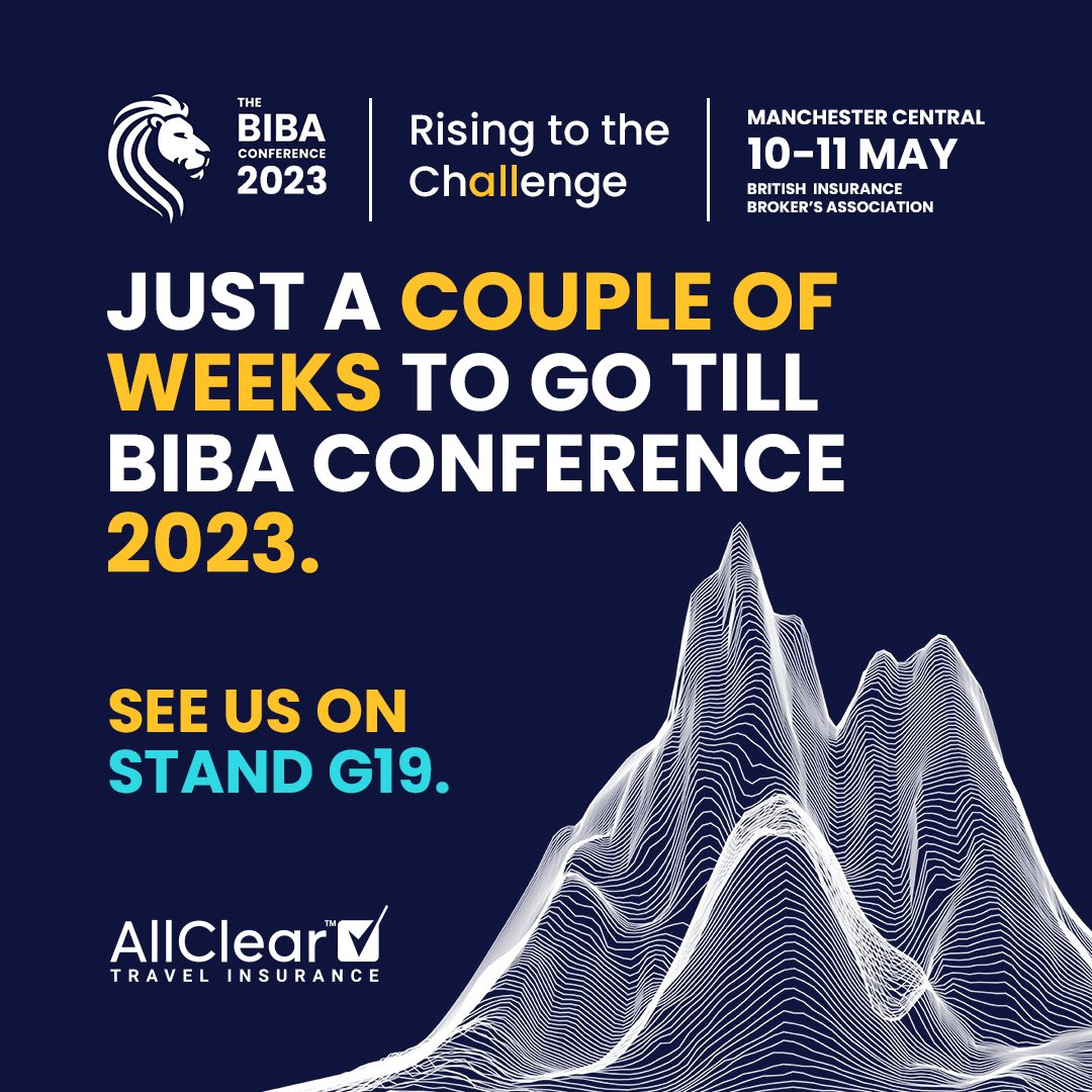Only 2 weeks left before #BIBAConference2023. Come and see AllClear CEO <a href="/ChrisRolland_/">Chris Rolland</a> and Head of Corporate Affairs <a href="/Nelse61/">Garry Nelson</a> at stand G19 in Manchester on May 10th and 11th.

#BIBA #Insurance #TravelInsurance #AllClearTravelInsurance
