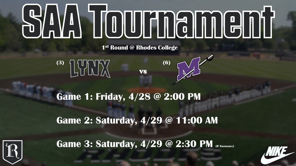 GAME TIMES ANNOUNCED Rhodes will play host to Millsaps this weekend in a best-of-3 series in the 1st round of the @SAA_Sports Tournament. #RollLynx #d3baseball