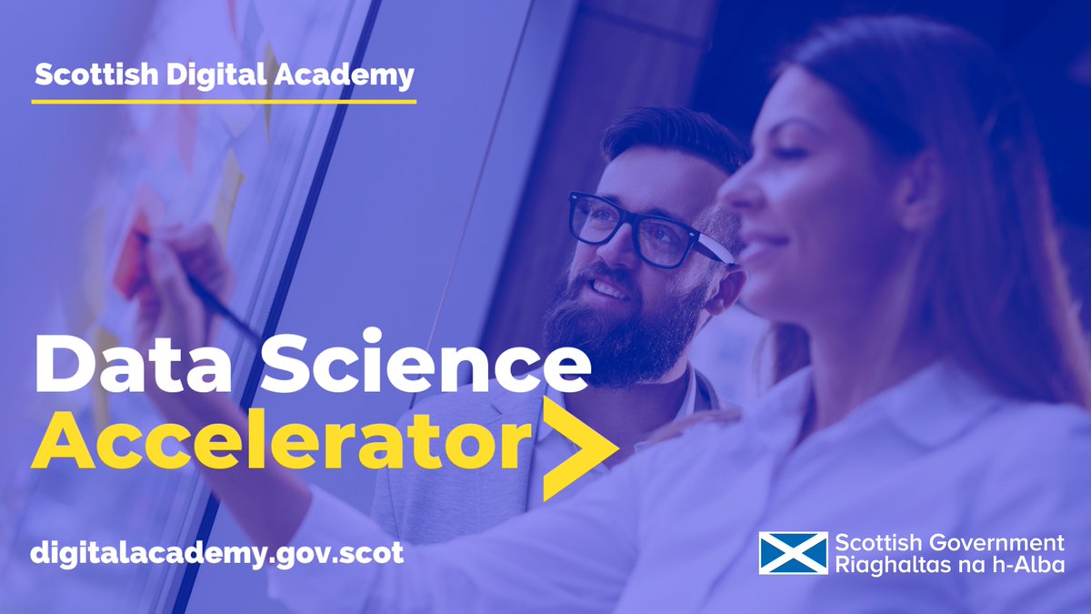 We're inviting applications!

The Data Science Accelerator is a fantastic development opportunity for public sector analysts wishing to develop their data science skills. This funded programme is delivered in partnership with <a href="/DataLabScotland/">The Data Lab</a>.  

digitalacademy.gov.scot/courses/data-s…