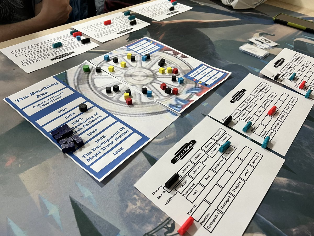 StartPlayer's tweet photo. @jackson_pope @CardboardEdison Getting work on The Beeching Axe done. It’s playable from start to finish, but needs work. Started as ‘Rondal and Write’ until a tester pointed out the rows of squares could be train tracks. Now I’m moving a train along which looks good but uses more space. #CraftWednesday https://t.co/jaHvBAnpfy