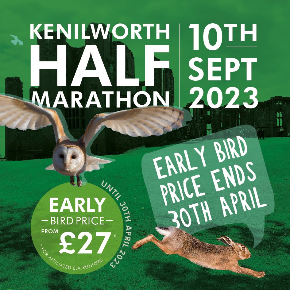 GreenArmy1986's tweet photo. Swoop in and get yourself an early bird price for the Kenilworth Half Marathon 10.09.23. - offer ends 30th April.
https://t.co/M4kGlocxMZ
Early bird Prices are from £27 (E.A. Affiliated runner) £29 (unaffiliated runner).
#kenilworthrunners #kenilworthhalf #firsthalfmarathon https://t.co/ftsnbgvdf0