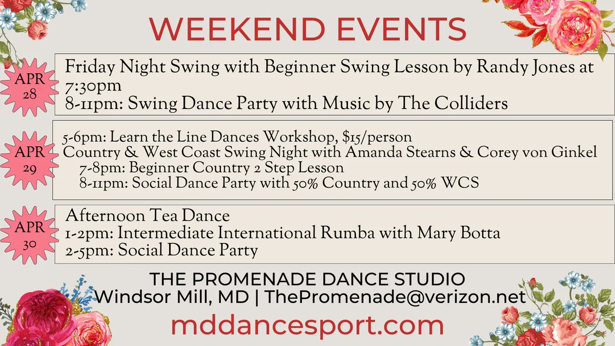 MDYogaDoc's tweet photo. Join us for a dance-filled weekend!
You can visit #thePromenade #DanceStudio at 
https://t.co/oLO6Ub4XO2!
You can also contact us at thepromenade@verizon.net

#westcoastswing #linedancing #marylanddance #danceevents #socialdance #socialdancing #danceparty #latindance #swingdance https://t.co/JJazfBJl0K