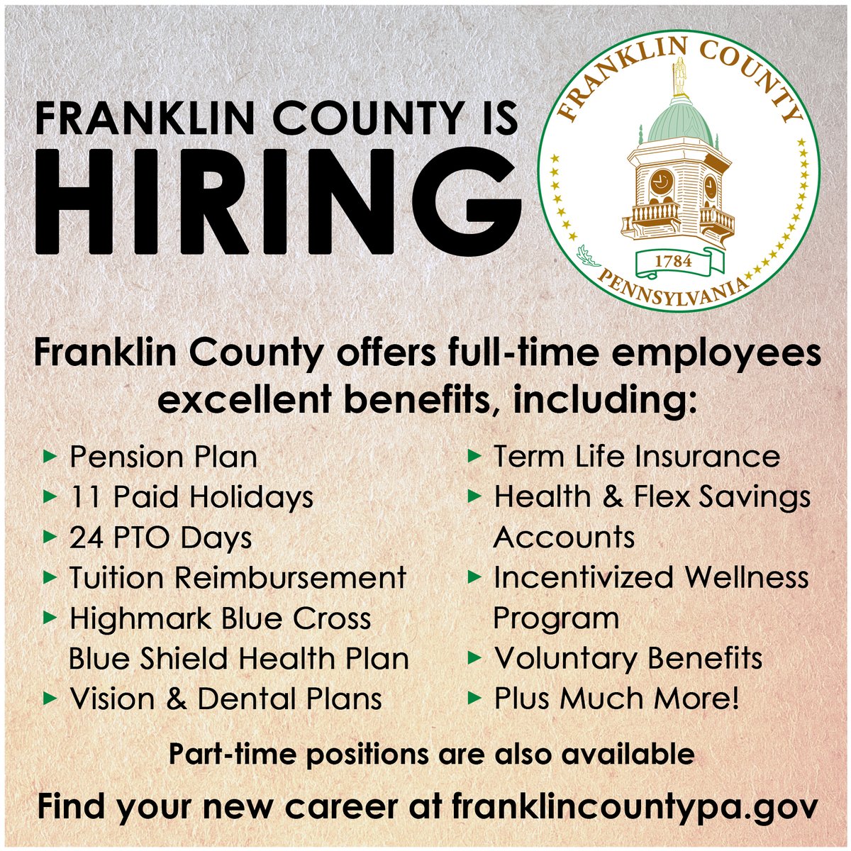 Franklin County is hiring! There is currently an opening for a 911 Telecommunicator Trainee with <a href="/Emrgncy_Svc28/">FranklinPA Emgcy Svc</a>. For details, visit bit.ly/2TRwxON

#hiring #HR #jobs #career #jobseekers #nowhiring #jobinterviews