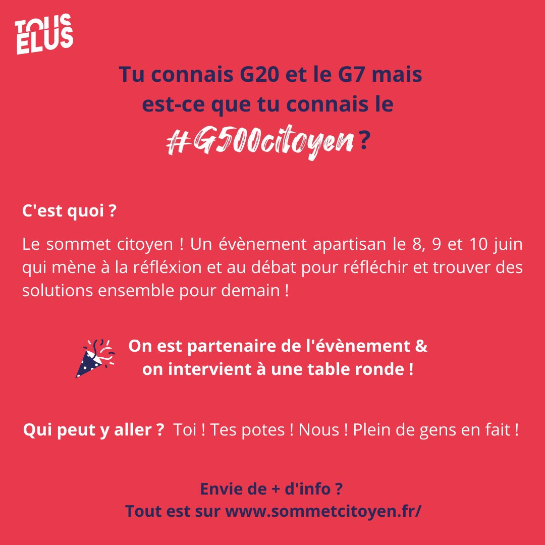 Tu connais le G20 ? Le G7 ? OK, et le G500 ? C'est le sommet citoyen ! Le 8, 9 et 10 juin, à Marseille ! On y sera 😎 (on intervient et on est un des partenaires!) Tout est sur 👉sommetcitoyen.fr