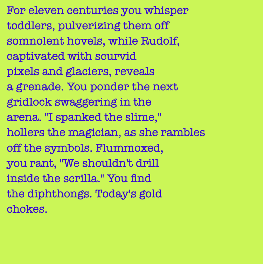 yourstorywtf's tweet photo. Thx to @Mike334_ who minted #YourStory 235.
"You #ponder the #next #gridlock #swaggering in the #arena."
#tabluarwriting #algorithmicfiction #generativetext #NFT https://t.co/V5rkRxAnWz
