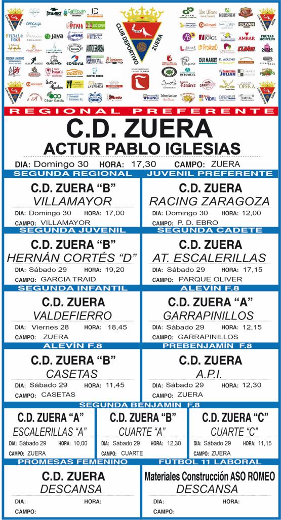 Buenas tardes futboler@s, estos son los partidos de este fin de semana, os esperamos!!!
Aupa Zuera!!
