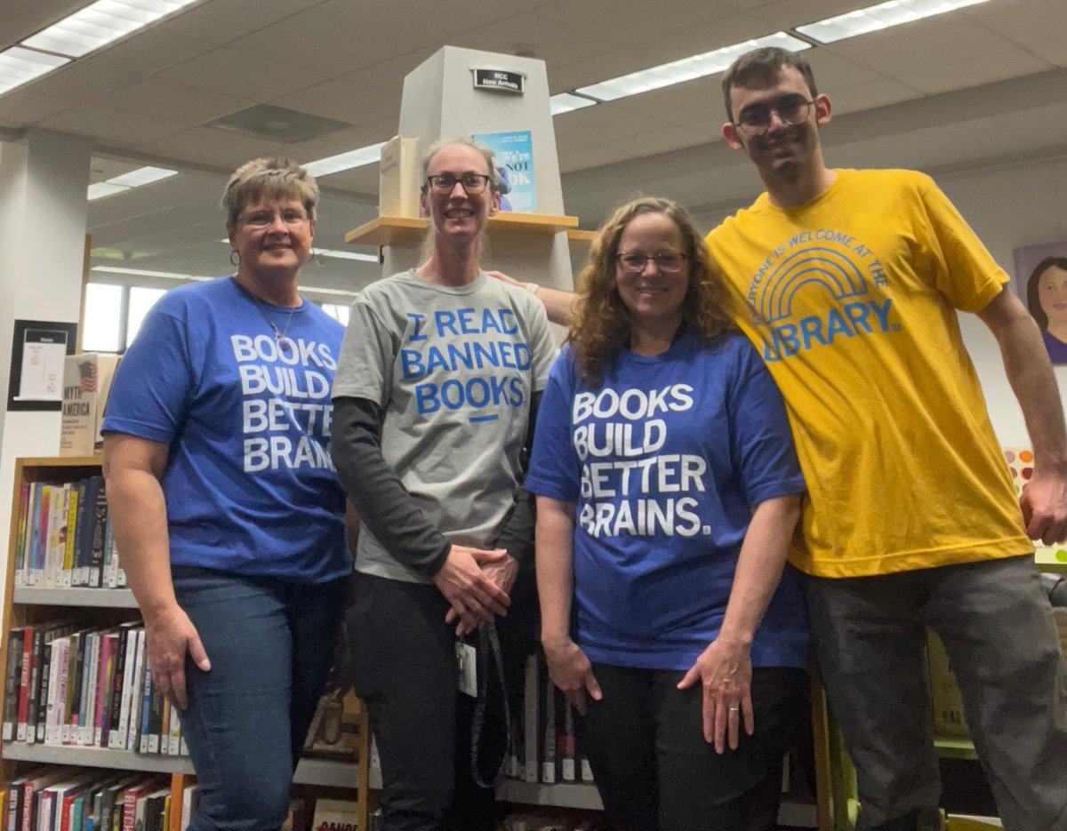 HawkeyeLibrary's tweet photo. The Hawkeye Library's dream team sporting our favorite t-shirts to celebrate National Library Week! Beth, Lori and Josh you have brought great energy, expertise and talent to the Library this year--thanks for all that you do to serve our patrons! #NationalLibraryWeek https://t.co/MPfZqg3fKT