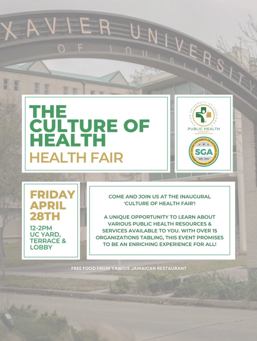 XULASGA's tweet photo. Join us this Friday for a day of health & wellness at our 'Culture of Health' Fair! Discover resources & activities to help you live your healthiest life. Don't miss out on this opportunity to prioritize your well-being and empower yourself and your community! #XULA #ForwardAdmin https://t.co/1WriTi25yB