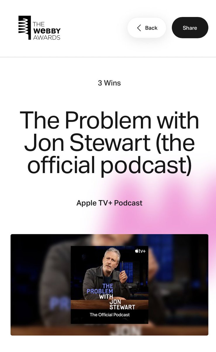 Congratulations to <a href="/TheProblem/">The Problem With Jon Stewart</a> <a href="/jonstewart/">Jon Stewart</a> podcast on our THREE <a href="/TheWebbyAwards/">The Webby Awards</a> wins, including Best Interview/Talk show and Best Host!! Thrilled for our team and grateful to our <a href="/AppleTV/">Apple TV</a> family! 🎤 ❤️