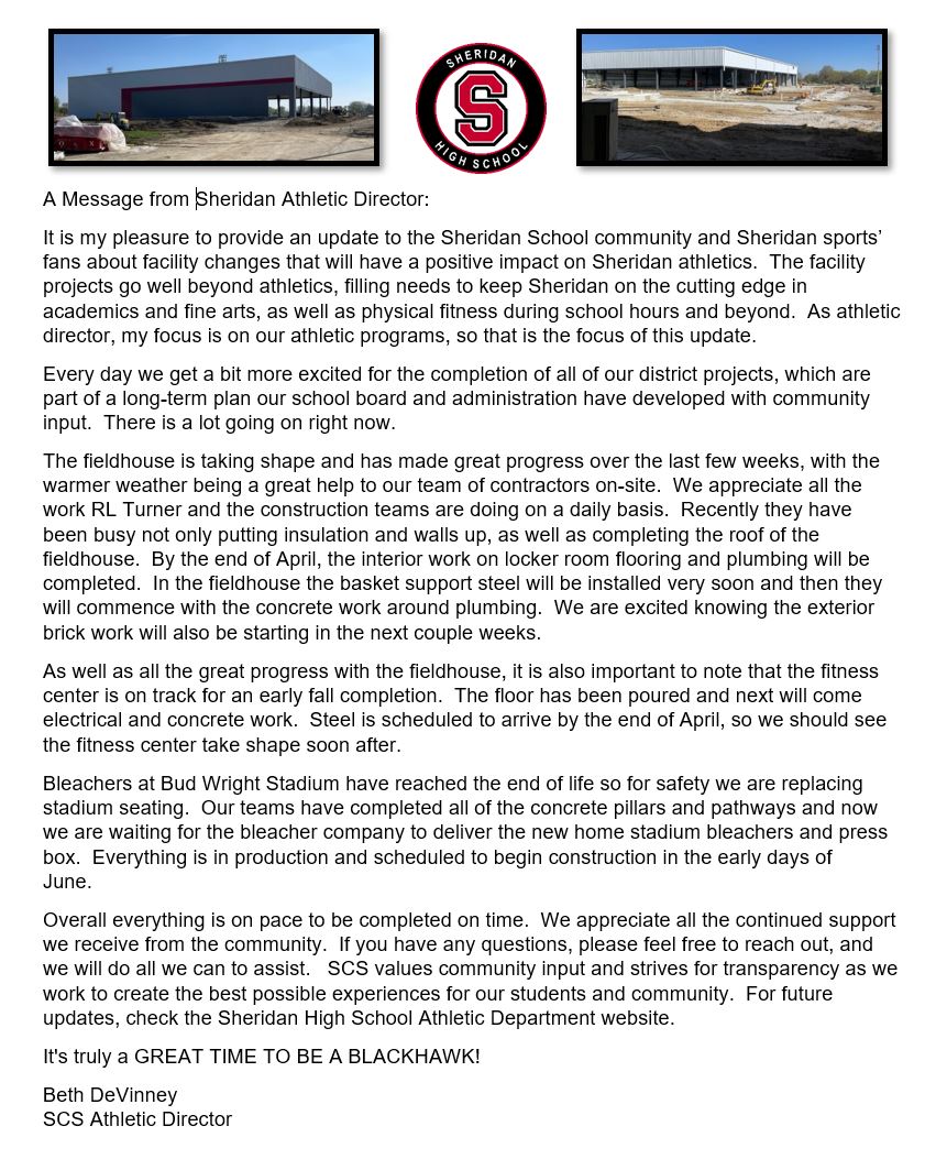 SheridanSchool1's tweet photo. It's a great time to be a Blackhawk!  Building updates can be found on our high school website at https://t.co/xLKaDxciaa under the Students/Parents tab. @SCSSuper @SheridanHS @scsBlackhawks https://t.co/XjctKj37c5