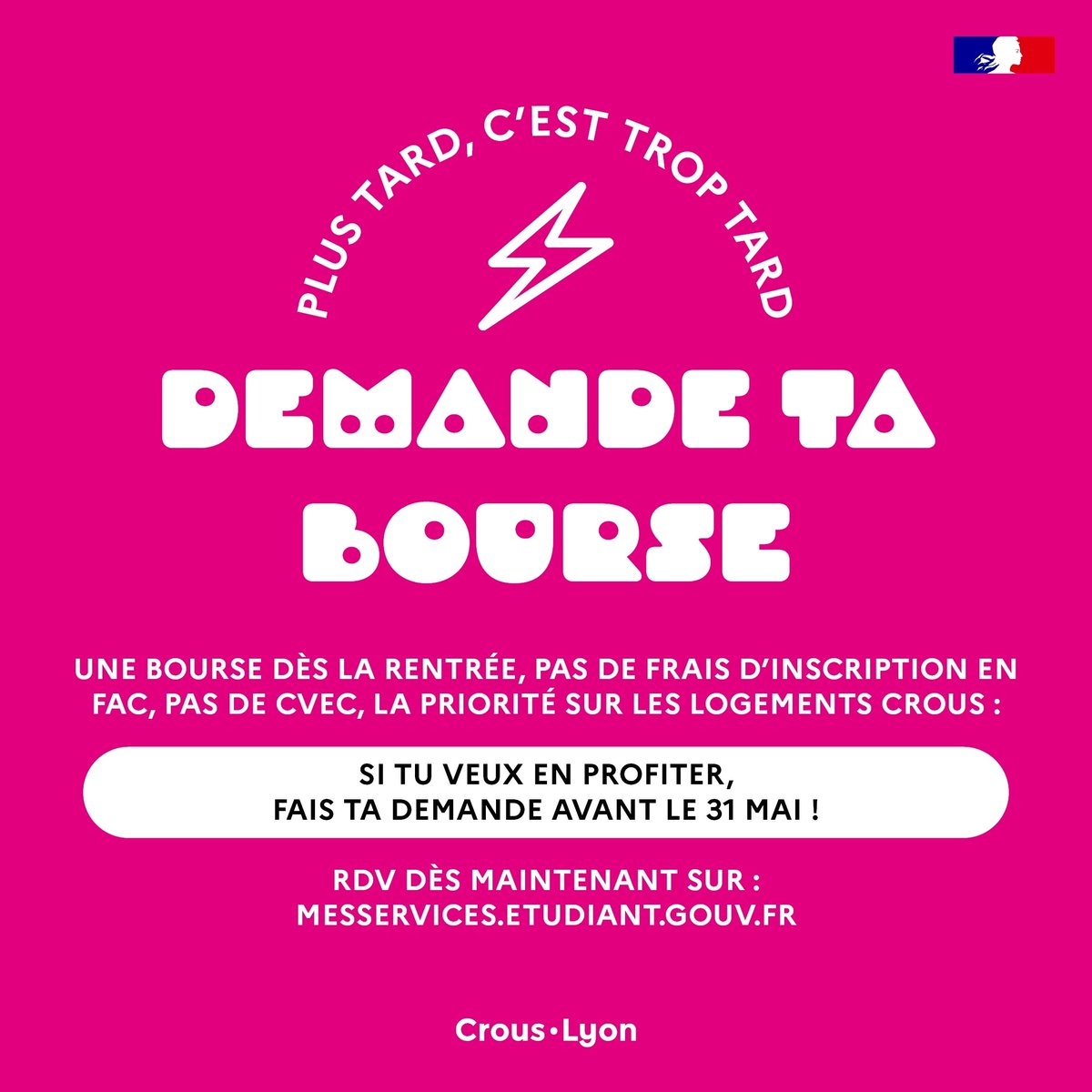 CrousLyon's tweet photo. 👩‍🎓👨‍🎓Dans le sup' à la rentrée 2023 ? La demande de bourse c'est maintenant et avant le 31 mai pour avoir son premier versement à la rentrée, être prioritaire pour les demandes de logement, ne pas payer la CVEC et les frais d'inscription en fac. 
Go 🫵 https://t.co/ZnwQHgtfWC https://t.co/VpWy4vvAd3