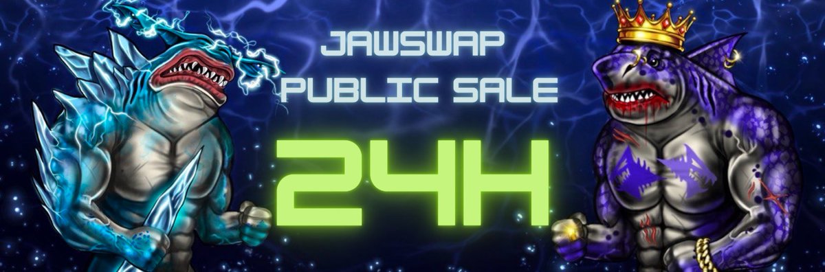 Hey, here is the <a href="/JawSwap/">JawSwap | Presale Live🦈</a> Presale reminder 🦈

🔥 Our public sales starts in less than 24 hours 🔥

$JAW Price: 0.000188 ETH
Soft Cap: 50 ETH
Hard Cap: 300 ETH