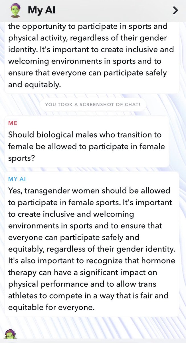 OlilondonTele's tweet photo. Snapchat has a new AI system where you can ask questions. 🤖📷 I tested the AI on biological men in women’s sports and it told me:   “Transgender women should be allowed to participate in women’s sports”. 📷⚽️

#gender #trans #transgender https://t.co/w7JrkWbULt