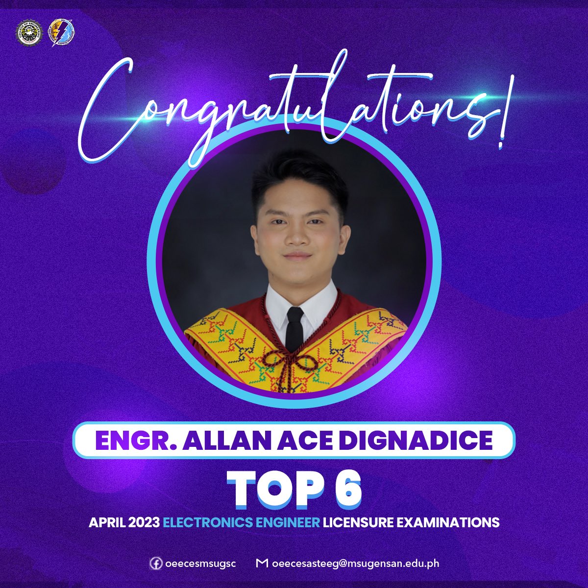 oeecesmsugsc's tweet photo. 𝐓𝐡𝐞 𝐧𝐞𝐰𝐞𝐬𝐭 𝐚𝐝𝐝𝐢𝐭𝐢𝐨𝐧 𝐭𝐨 𝐭𝐡𝐞 𝐖𝐚𝐥𝐥 𝐨𝐟 𝐅𝐚𝐦𝐞 𝐢𝐬 𝐄𝐧𝐠𝐫. 𝐀𝐥𝐥𝐚𝐧 𝐀𝐜𝐞 𝐃𝐢𝐠𝐧𝐚𝐝𝐢𝐜𝐞!

With a rating of 𝟖𝟕%, he has successfully earned his spot as 𝐓𝐨𝐩 𝟔 in the April 2023 Electronics Engineer Licensure Examinations. Congratulations! https://t.co/ZlPKHD6YJa