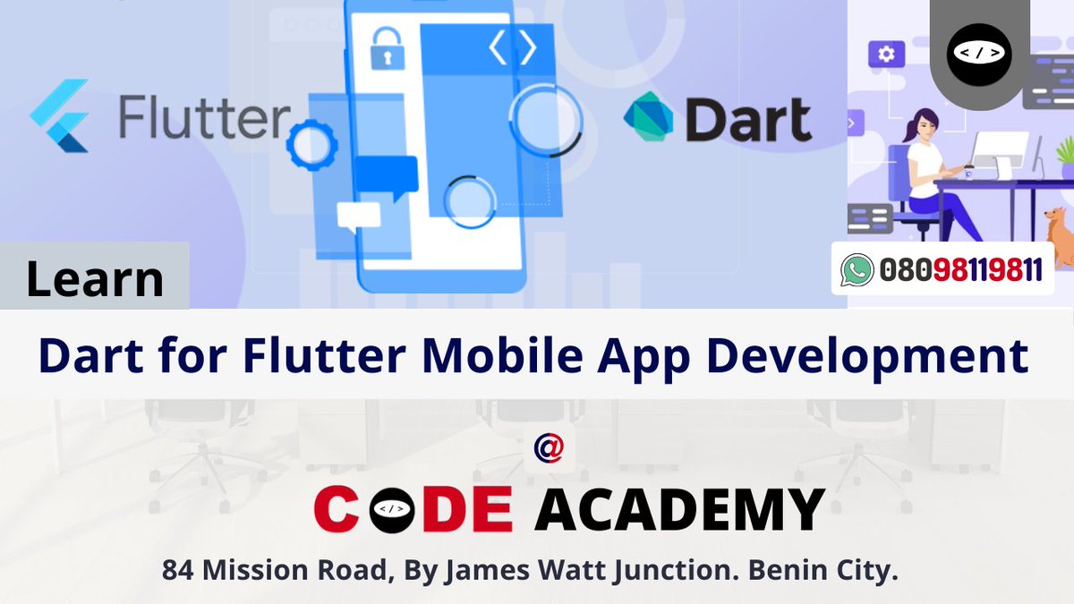 code_benin's tweet image. &quot;Did you know that Dart is the programming language used for Flutter mobile app development? Master this versatile language with our expert guidance at Code Academy Benin City! Check out our module here: codeacademy.sarutech.com/module/dart #FlutterMobileAppDev #DartProgramming #CodeAcademyBe