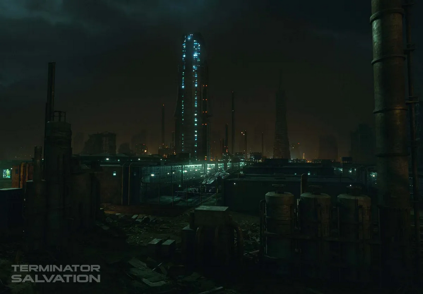 ATMOvfx's tweet photo. Matte painting done by Brett Naorthcutt from Terminator Salvation! Smoke and orange hues emanating from the pipes make it seem like any other industrial building, but with Brett's addition of the blue glowing central building it gives a futuristic/sci-fi feeling #mattepaint https://t.co/tlarTN8qgo