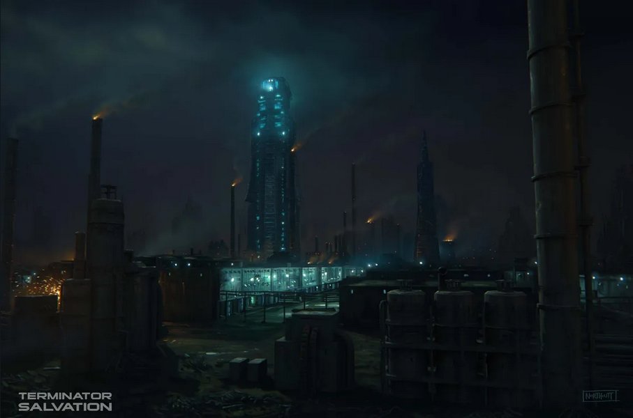 ATMOvfx's tweet photo. Matte painting done by Brett Naorthcutt from Terminator Salvation! Smoke and orange hues emanating from the pipes make it seem like any other industrial building, but with Brett's addition of the blue glowing central building it gives a futuristic/sci-fi feeling #mattepaint https://t.co/tlarTN8qgo