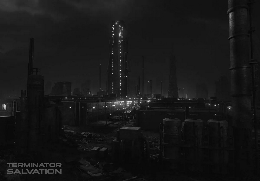 ATMOvfx's tweet photo. Matte painting done by Brett Naorthcutt from Terminator Salvation! Smoke and orange hues emanating from the pipes make it seem like any other industrial building, but with Brett's addition of the blue glowing central building it gives a futuristic/sci-fi feeling #mattepaint https://t.co/tlarTN8qgo