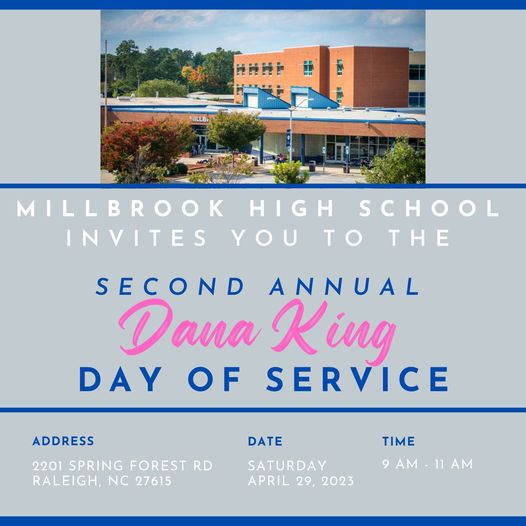 Millbrook_PTSA's tweet photo. The @MillbrookMagnet FFA will be hosting the 2nd annual Dana King Day of Service this Sat, 4/29, 9-11am. Open to parents, students, &amp; staff &amp; is an awesome day filled w/ work to beautify our campus. Please sign up w/ link below to help us best prepare!
https://t.co/2TTxQVjYdO https://t.co/yNPamBr4m2