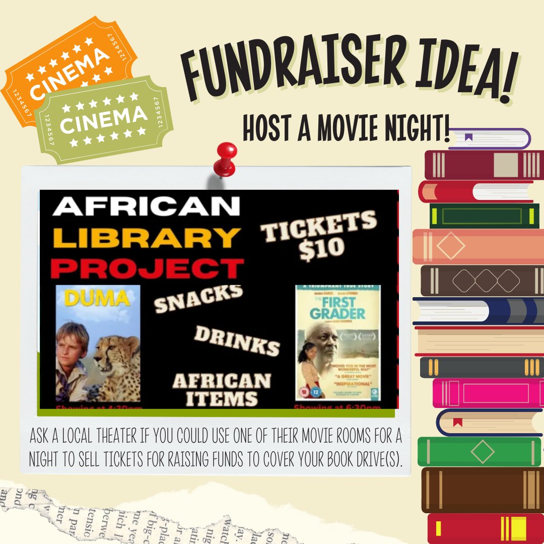 Host a movie night at your local theater to support our book drive efforts and collect donations for shipping books to Africa! 🎥📚 Contact us to learn more and get started. #movienightfundraiser #bookdrive #africanlibraryproject #education #youthempowerment