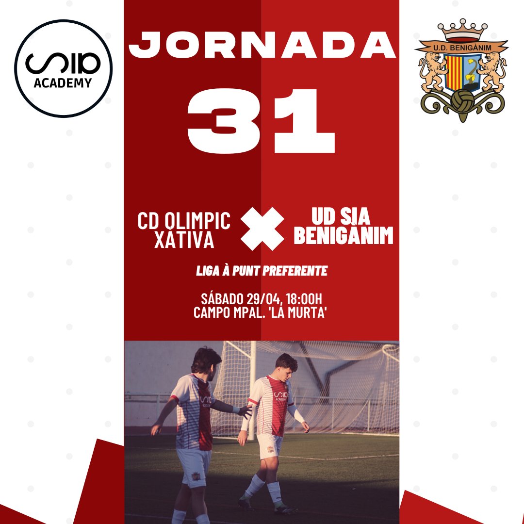 𝙉𝙪𝙚𝙫𝙖 𝙟𝙤𝙧𝙣𝙖𝙙𝙖 𝙡𝙞𝙜𝙪𝙚𝙧𝙖 ⚽️

🏆 Jornada 31
🆚 CD Olimpic Xàtiva
🏟 Campo Municipal 'La Murta'
📍 Xàtiva
📆 Sábado 29 de abril
🕘 18:00H

#ApuntPreferent
#AvantGanxuts ⚪️🔴⚪️