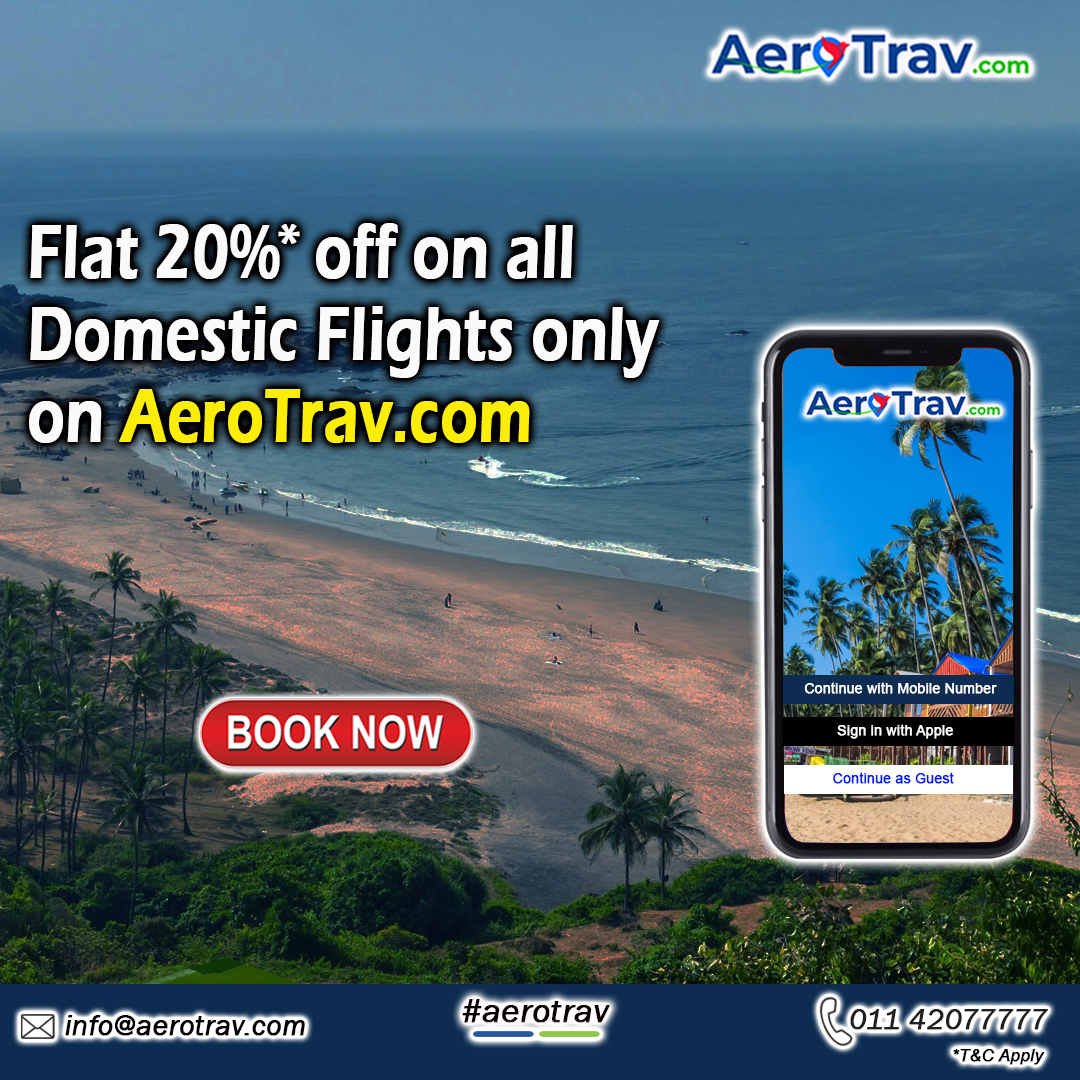 Get 20%* off on your flight bookings with Aerotrav! Book now and save big! #Aerotravindia #TravelDeals #FlightDiscounts