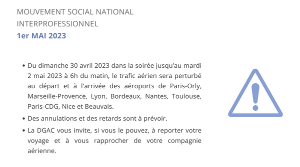 DGAC's tweet photo. #Perturbations | Mouvement social national interprofessionnel du 1er mai 2023. https://t.co/w44eeoF6fF