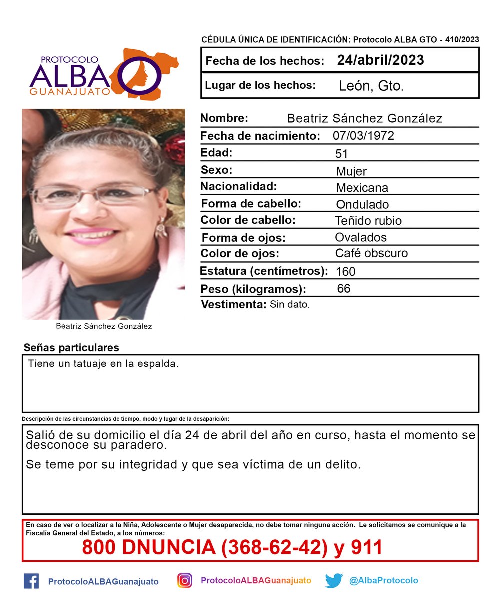 Activación de Protocolo ALBA Guanajuato de Beatriz Sánchez González de 51 años de edad de León,Gto. ¡Ayúdanos a localizarla!