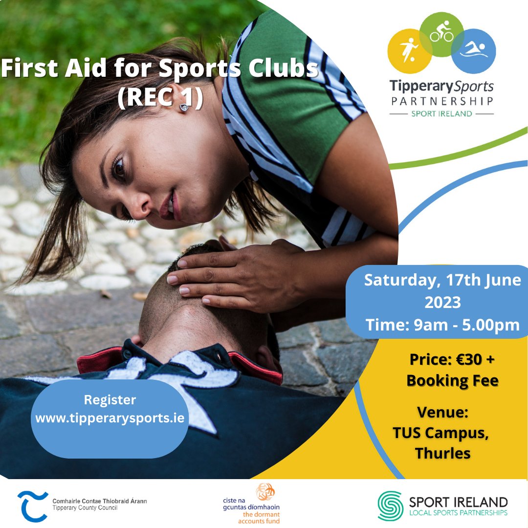Tipperary Sports (@tipperarysports) on Twitter photo TSP are pleased to facilitate a First Aid Course for Sports Clubs (REC 1) on Saturday 17th of June in the TUS Campus, Thurles from 9am to 5pm.
Further Details & Booking ➡️bit.ly/3oJ2h81
<a href="/sportireland/">Sport Ireland</a> <a href="/TipperaryCoCo/">Tipperary County Council</a> <a href="/NenaghGuardian/">NenaghGuardian</a> <a href="/TipperaryLive/">TipperaryLive</a>
#firstaid TSP are pleased to facilitate a First Aid Course for Sports Clubs (REC 1) on Saturday 17th of June in the TUS Campus, Thurles from 9am to 5pm.
Further Details & Booking ➡️bit.ly/3oJ2h81
<a href="/sportireland/">Sport Ireland</a> <a href="/TipperaryCoCo/">Tipperary County Council</a> <a href="/NenaghGuardian/">NenaghGuardian</a> <a href="/TipperaryLive/">TipperaryLive</a>
#firstaid