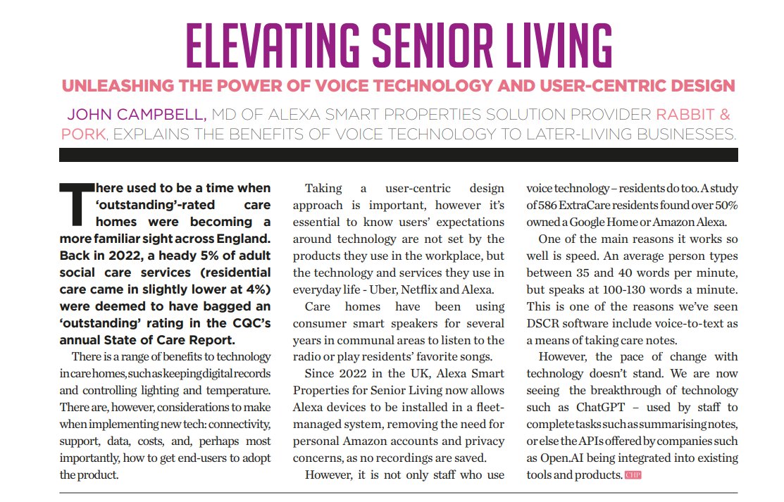 Featured in @itpmediagroup Care Home Professional magazine, our MD @johnpcampbell speaks on 'Elevating Senior Living' and the benefits of unleashing the power of #voicetechnology 🔊 Check out their April tech issue: carehomeprofessional.com/cloud/2023/04/… #seniorliving #voicetech