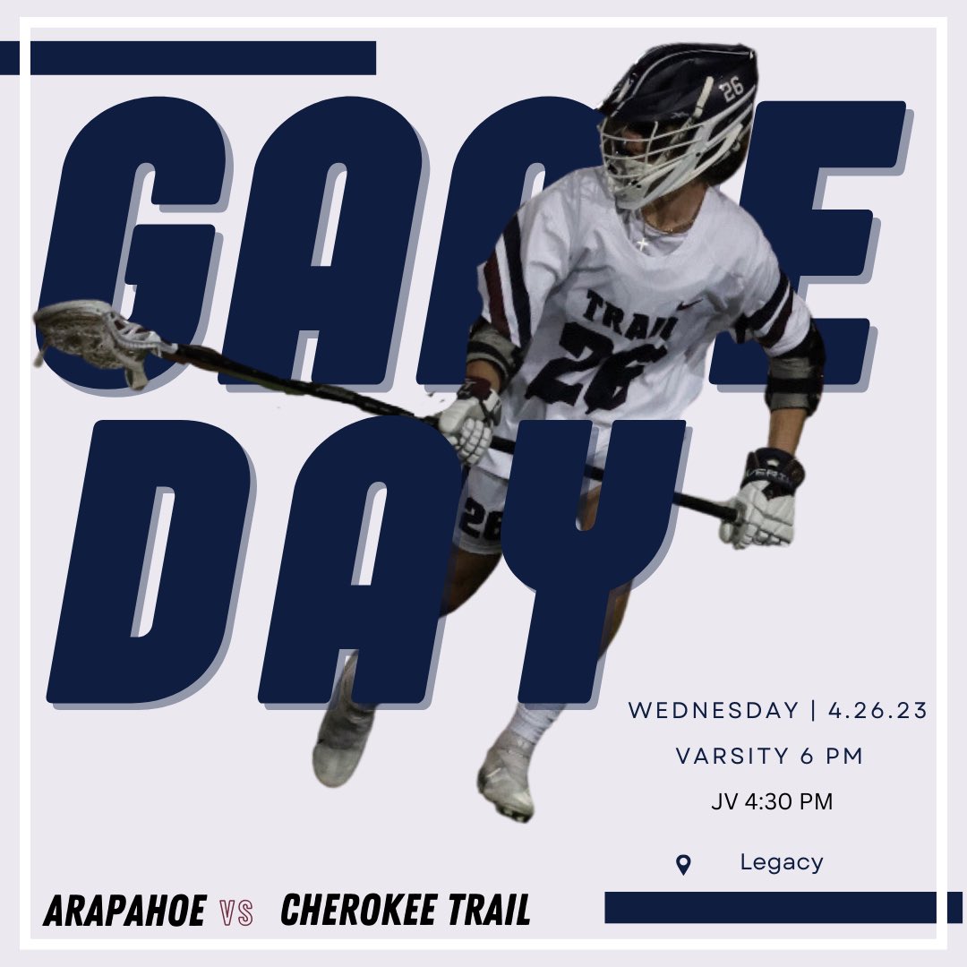 🚨It’s GameDay🚨

Come out and support your Cherokee Trail Mens Lacrosse teams as they take on Arapahoe. Let’s pack the stands. 

Game times 

JV - 4:30 pm
CT Turf Field

Varsity - 6:00 pm 
Legacy Stadium

Skocougs! 🐾 @CTHSAthletics