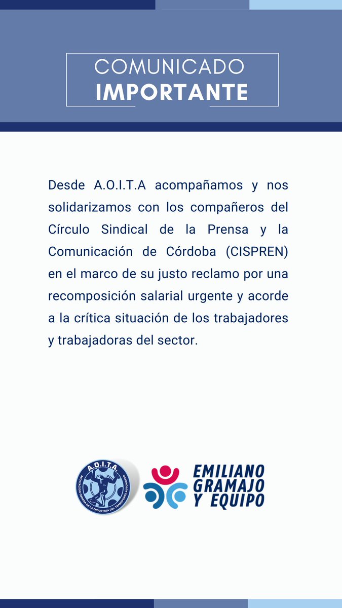 AOITA_OFICIAL's tweet photo. Desde A.O.I.T.A acompañamos y nos solidarizamos con los compañeros del Círculo Sindical de la Prensa y la Comunicación de Córdoba #CISPREN en el marco de su justo reclamo por una recomposición salarial urgente y acorde a la crítica situación de los trabajadores/as del sector. https://t.co/9rDSvvGJut