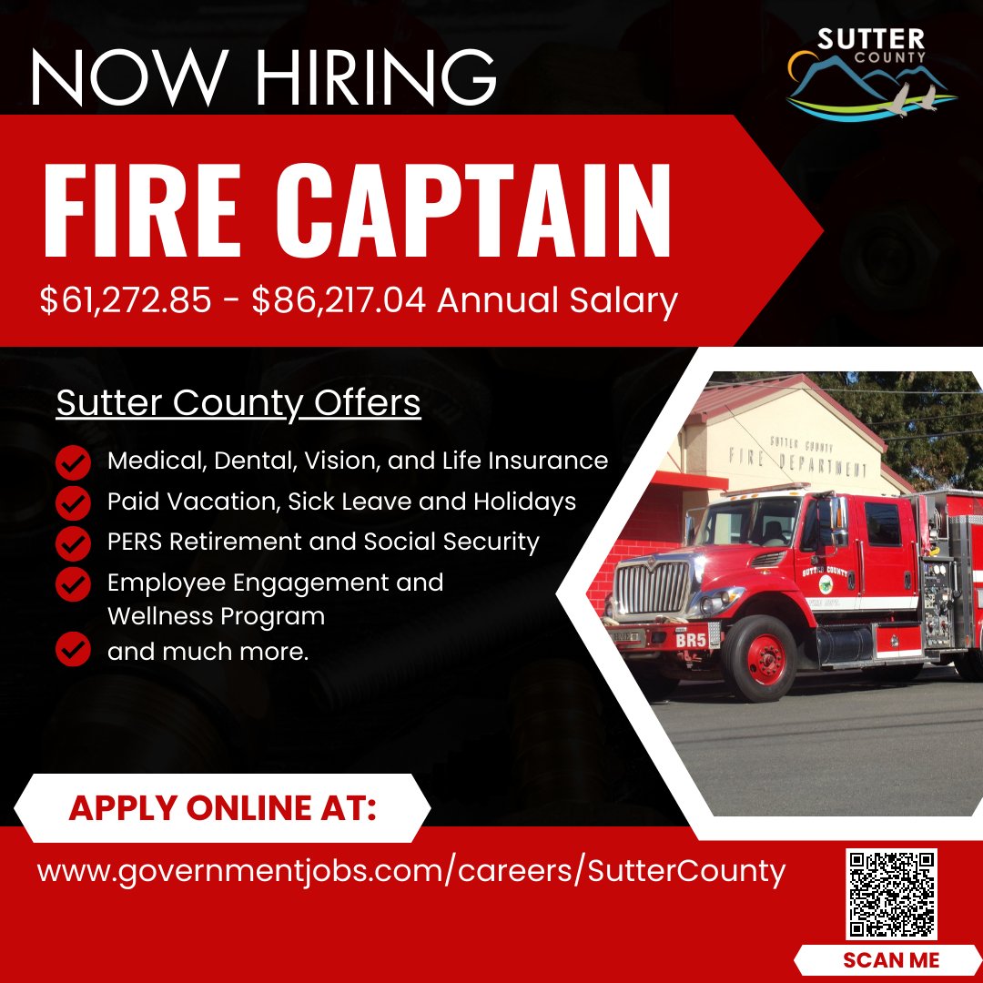 Join a great team! Sutter County is looking to hire a Fire Captain. 

Apply today at: governmentjobs.com/careers/Sutter…

#hiring #suttercountyhr #firecaptain #suttercounty #employment #employmentopportunities #ApplyNow #fire #career #careeropportunities #careeropportunity #suttercountyjobs