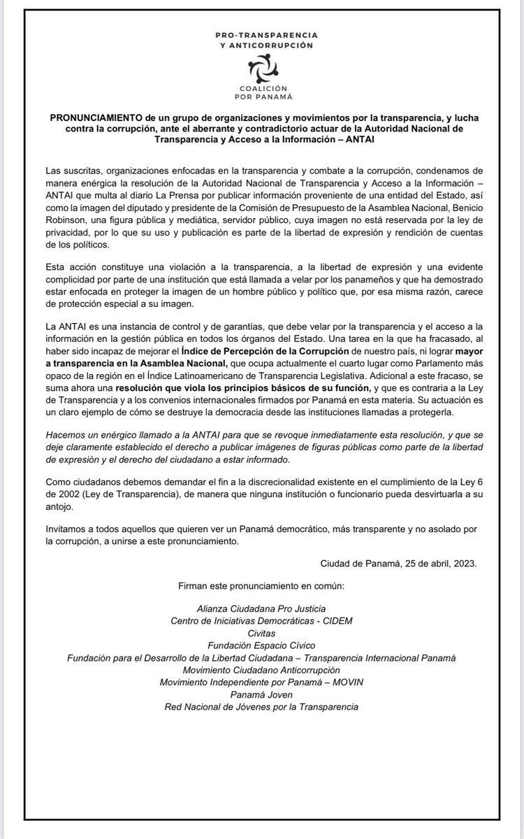 movinpanama's tweet image. PRONUNCIAMIENTO de un grupo de organizaciones y movimientos por la transparencia, y lucha contra la corrupción, ante el aberrante y contradictorio actuar de la Autoridad Nacional de Transparencia y Acceso a la Información - ANTAI