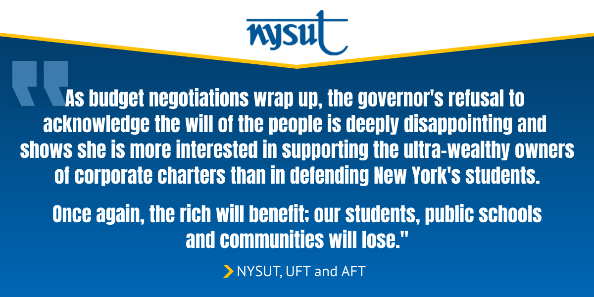 nysut's tweet photo. NYSUT, @AFTunion and @UFT have released a statement on the disappointing proposal to expand unaccountable corporate charter schools in the state budget: https://t.co/jm0eatOnVo