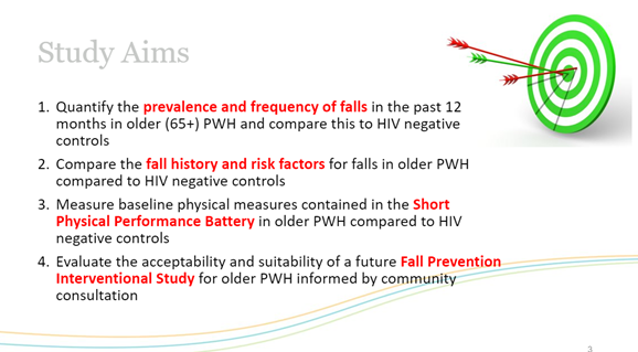 Dr. <a href="/jacq_mcmillan/">Jacqueline McMillan</a> (<a href="/CFN_NCE/">CFN</a>, <a href="/UCalgaryMed/">UCalgaryMedicine</a>) discusses the frequency, risk factors, and feasibility of a future intervention trial when looking at falls in older persons living with HIV.

Her study aims are listed below:
