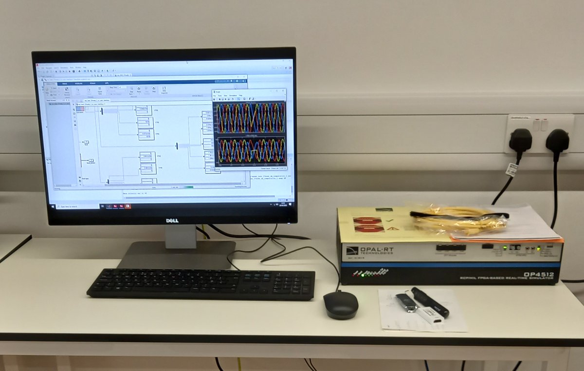 The lab is ready for @NationalGridESO visit tomorrow - and a small network model is running on the OP4512 (although I still need to work a bit on the decimation as the plot shows😅)! Thanks to the excellent technical team @KingsNMES, @OPALRT and @CuspLondon