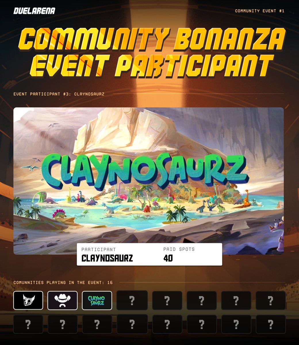 Duel Arena (@duelarenasol) on Twitter photo This sunday between 17-23.59 UTC, we will host the sickest community event the #Solana space has ever seen. We have partnered with 15 top projects in the space for our Community Bonanza.
Third partner reveal is none other than <a href="/Claynosaurz/">Claynosaurz</a>.
More below ๐ This sunday between 17-23.59 UTC, we will host the sickest community event the #Solana space has ever seen. We have partnered with 15 top projects in the space for our Community Bonanza.
Third partner reveal is none other than <a href="/Claynosaurz/">Claynosaurz</a>.
More below ๐