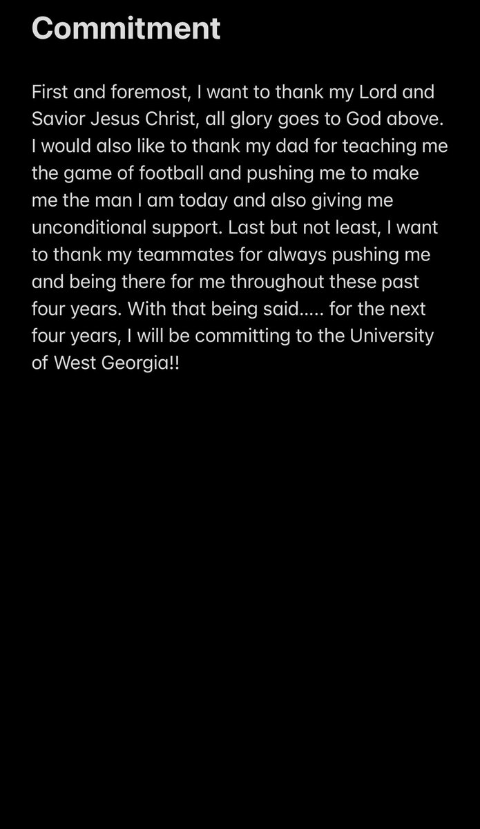 Committed. Go wolves!! <a href="/CoachSydeski/">Thomas Sydeski</a> <a href="/UWGFootball/">West Georgia Football</a>