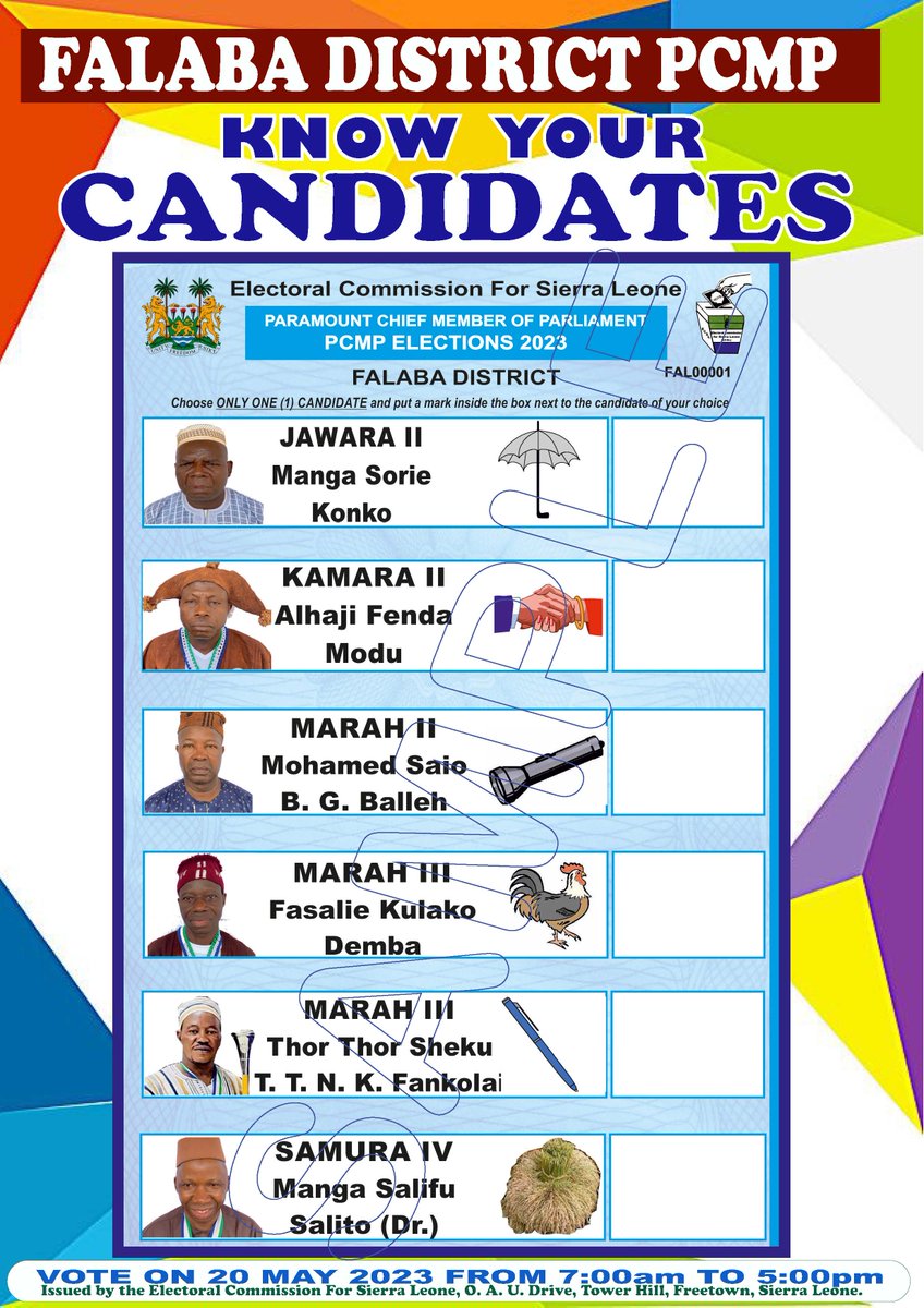 ECsalone's tweet photo. #Falaba District: Paramount Chief Member of Parliament (PCMP) Stakeholders Engagements
▪️Candidates Balloting for campaign dates
▪️ECSL displaying sample ballots https://t.co/Yd7x5ewdWy